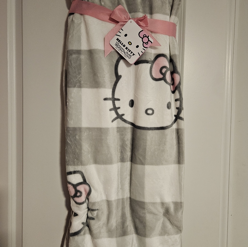 Hello Kitty Grey and White Striped Blanket/ Throw NWT 50x70